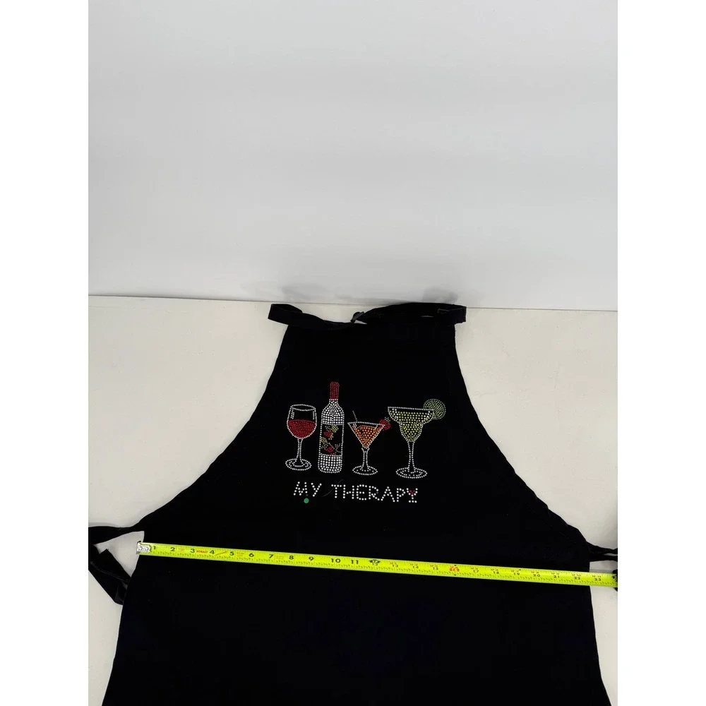 Kaufman Black Apron Rhinestone Drink My Therapy Kitchen Chef‎ Cooking Baking